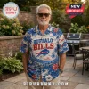 Buffalo Bills Too Old Too Care Club Hawaiian shirt featuring a blue, white, and red tropical palm leaf floral print pattern.