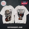 Busch Light Backwoods Brews Halloween T-Shirt showing front and back designs with beer cans, pumpkins, and a full moon.