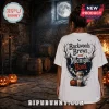 Busch Light Backwoods Brews Halloween T-Shirt featuring a can graphic, bare trees, and jack-o'-lanterns on a white shirt.