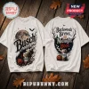 Busch Light Backwoods Brews Halloween T-Shirt showing a full moon, beer can, pumpkin, and forest graphics on white fabric.