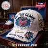 Caitlin Clark Indiana Fever white distressed baseball cap featuring blue team logos, number 22, and signatures in a box.