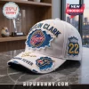 Caitlin Clark Indiana Fever white distressed baseball cap featuring blue patches, gold number 22, and basketball logos.