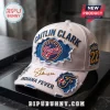 Caitlin Clark Indiana Fever white distressed baseball cap with embroidered team logos, jersey number 22, and signature.