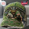 Canberra Raiders 45th Anniversary Viking Mascot Cap in green and blue with distressed fabric texture and 3D embroidered logo.