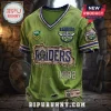 Canberra Raiders Distressed Green T-Shirt featuring a vintage look, frayed fabric edges, team logo, and 1982 branding.