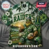 Canberra Raiders Viking Mascot Hawaiian shirt featuring a tropical print, surfboard, football, and team green colors.