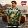 Canberra Raiders Viking Mascot Hawaiian Shirt featuring tropical green palm leaves, a bearded Viking, and team branding.