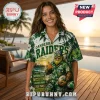 Canberra Raiders Viking Mascot Hawaiian Shirt featuring a green tropical print, team text, and a Viking illustration.