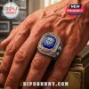 Canterbury-Bankstown Bulldogs 91st Anniversary Ring with blue center stone and silver Bulldogs logo on a hand.