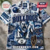 Canterbury-Bankstown Bulldogs Mascot Hawaiian shirt featuring blue and white NRL team graphics, logos, and palm tree prints.