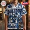 Canterbury-Bankstown Bulldogs Mascot Hawaiian Shirt featuring a blue and white bulldog graphic, team logos, and palm trees.