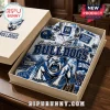 Canterbury-Bankstown Bulldogs Mascot Hawaiian shirt in a gift box, featuring blue and white team logos and stadium graphics.