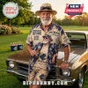 Carlton Blues AFL Mascot Hawaiian shirt in tan with blue palm tree patterns, text graphics, and classic club logos.
