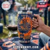 Chicago Bears 107th Anniversary Tie-Dye Stanley Tumbler with orange and blue swirls, logo, and commemorative text.