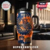 Chicago Bears 107th Anniversary Tie-Dye Stanley Tumbler with orange and blue swirl pattern, team logo, and stadium graphic.