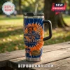 Chicago Bears 107th Anniversary Tie-Dye Stanley Tumbler with orange and blue pattern, team logo, and jersey graphic.