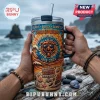 Chicago Bears 1919-2026 Stanley Tumbler 40oz with a bear wearing sunglasses and beach-themed sunset graphics on the exterior.