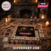 Chucky Horror Halloween Monopoly Board Game featuring character tokens, game board, dice, and cards on a wooden table.
