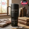 Chucky Possessed Black 40oz Vacuum Tumbler with horror movie branding, ergonomic handle, and double-wall insulated metal.
