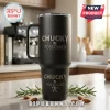 Chucky Possessed Black 40oz Vacuum Tumbler with a handle, featuring horror-themed engraved text on a matte black finish.