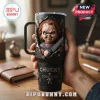 Chucky Possessed Horror Movie Black 40oz Tumbler with a 3D effect of the doll holding a knife on a matte black surface.