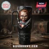 Chucky Possessed Horror Movie Black 40oz Tumbler with a 3D effect of the killer doll holding a knife on a matte finish.