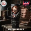 Chucky Possessed Horror Movie Black 40oz Tumbler featuring a 3D sculpted Chucky doll figure and a knife graphic.