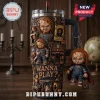 Chucky Wanna Play Halloween 40oz Tumbler with 3D embossed horror movie graphics, handle, straw, and attached doll keychain.