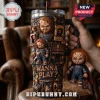 Chucky Wanna Play Halloween 40oz Tumbler with 3D horror movie character graphics, a matching keychain, and text overlay.