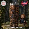 Chucky Wanna Play Halloween 40oz Tumbler with 3D horror movie character relief, metal straw, and matching doll keychain.