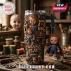 Chucky Wanna Play Halloween 40oz Tumbler with 3D horror movie graphics, handle, straw, and a small attached Chucky doll charm.