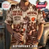 Cleveland Browns Button Down Hawaiian Shirt featuring palm trees, football graphics, and vintage fan-themed text print.