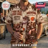 Cleveland Browns Button Down Hawaiian Shirt featuring palm trees, vintage truck, beer graphics, and team text in brown.