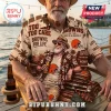 Cleveland Browns NFL Brown Floral Hawaiian Shirt featuring team logos, Dawg Pound text, and tropical palm tree patterns.