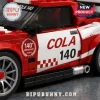Cola 140 140th Anniversary Racing Car Construction Set featuring red and white brick blocks and custom racing decals.