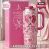 Custom Breast Cancer Awareness Rhinestone Stanley Tumbler with pink ribbon, hearts, and bow accents on a pink base.