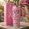 Custom Breast Cancer Awareness Rhinestone Stanley Tumbler in pink with heart motifs and text stating faith and strength.