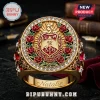 Custom Name Delta Sigma Theta ring in gold featuring a central crest, red enamel roses, and clear accent crystals.
