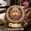 Custom Name Delta Sigma Theta ring in gold featuring a red shield crest, roses, crystal accents, and engraved inner band.