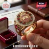 Custom Name Delta Sigma Theta ring featuring gold finish, red rose accents, and embedded clear and red gemstones.