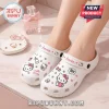 Custom Name Hello Kitty Kawaii Clogs in white featuring pink hearts and Hello Kitty character graphics on foam footwear.