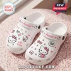 Custom Name Hello Kitty Kawaii Clogs in white with pink heart accents and Hello Kitty character decals on foam material.