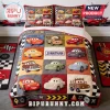 Custom Name Race Car Kids Quilt Bedding Set featuring colorful cartoon vehicles and a central personalization box.