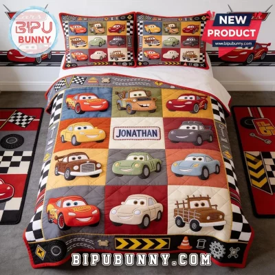 Custom Name Race Car Kids Quilt Bedding Set