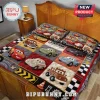 Custom Name Race Car Kids Quilt Bedding Set featuring colorful cartoon vehicles and checkered patterns on a bed.