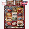 Custom Name Race Car Kids Quilt Bedding Set featuring colorful cartoon vehicles and checkered flag borders on a red quilt.