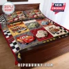 Custom Name Race Car Kids Quilt Bedding Set featuring colorful cartoon vehicles, checkered flags, and personalized text.
