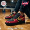 Custom WNBA All Teams Black Edition Nike Air Force 1 sneakers in black, red, and gold worn on a basketball court floor.