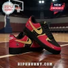 Custom WNBA All Teams Black Edition Nike Air Force 1 Sneakers in red and black leather with gold swoosh and team logo.