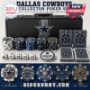 Dallas Cowboys 300-Piece Deluxe Collector Poker Set with blue and silver chips, branded playing cards, and a metal case.